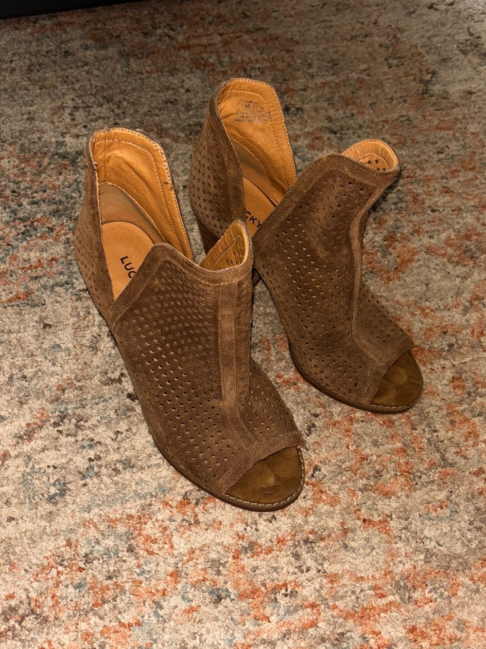 Lucky Brand Brown (Greenish undertones) Suede Perforated Peep-Toe Mules